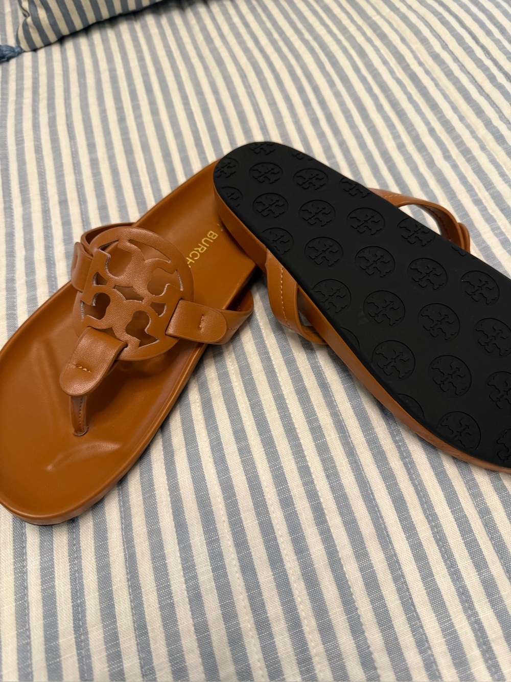 Tory Burch Cognac Leather Logo Thong Sandals